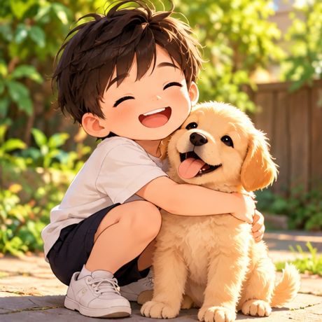 Boy hugging a golden puppy